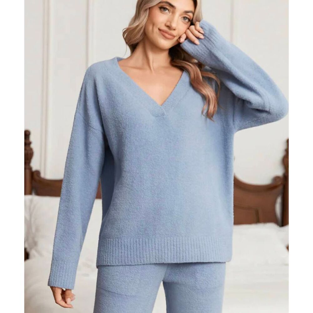 Snuggle Sac Blue V Neck Chenille Knit Sweater Large Comfy Lounge Winter Basic